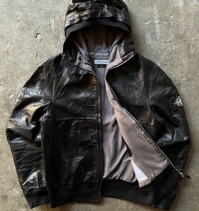 Stone Island Cast Metal Leather Hooded Jacket