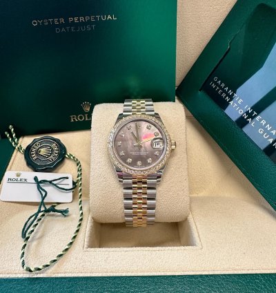 Rolex Datejust 31 New 2024 Tahitian Dark Mother Of Pearl Dial Two Tone Yellow Gold Diamond Bezel