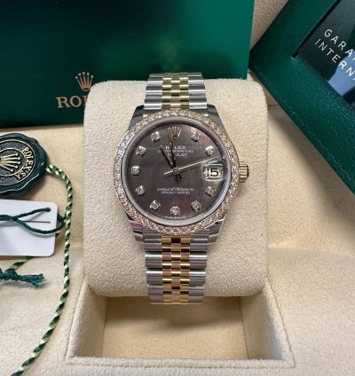 Rolex Datejust 31 New 2024 Tahitian Dark Mother Of Pearl Dial Two Tone Yellow Gold Diamond Bezel