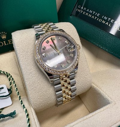Rolex Datejust 31 New 2024 Tahitian Dark Mother Of Pearl Dial Two Tone Yellow Gold Diamond Bezel