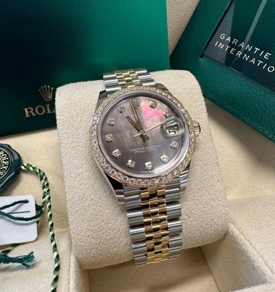 Rolex Datejust 31 New 2024 Tahitian Dark Mother Of Pearl Dial Two Tone Yellow Gold Diamond Bezel