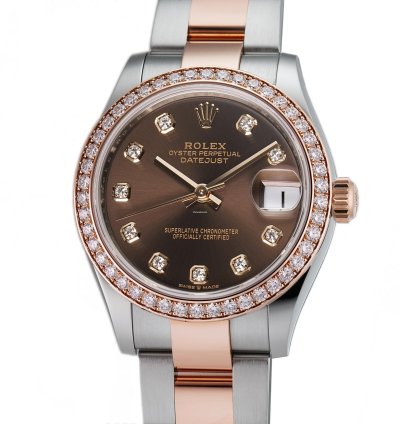Rolex Datejust 31mm Steel Everose Gold Diamond Bezel Chocolate Diamond Dial Oyster