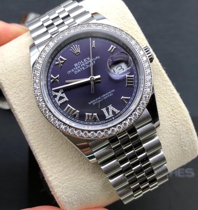 Rolex Datejust 36 36mm Purple Roman Dial Diamonds Bezel Jubilee