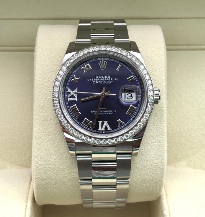 Rolex Datejust 36 36mm Purple Roman Dial Diamonds Bezel Oyster
