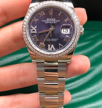 Rolex Datejust 36 36mm Purple Roman Dial Diamonds Bezel Oyster