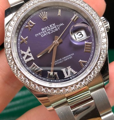 Rolex Datejust 36 36mm Purple Roman Dial Diamonds Bezel Oyster