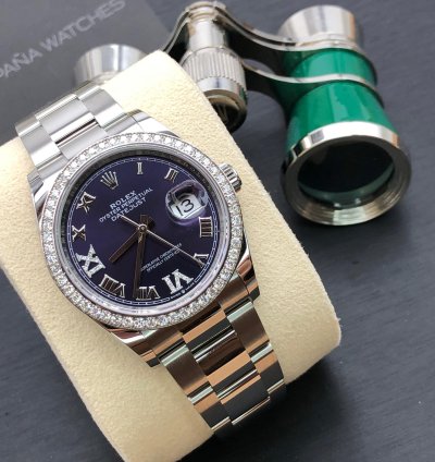 Rolex Datejust 36 36mm Purple Roman Dial Diamonds Bezel Oyster