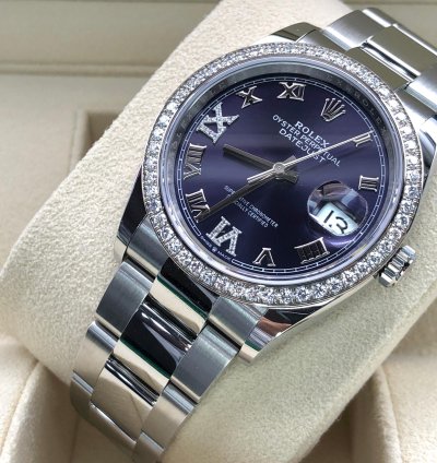 Rolex Datejust 36 36mm Purple Roman Dial Diamonds Bezel Oyster