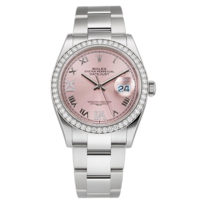 Rolex Datejust 36 36mm Steel Diamond Bezel Pink Roman Diamond Vi Ix Dial Oyster Bracelet