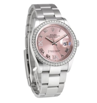Rolex Datejust 36 36mm Steel Diamond Bezel Pink Roman Diamond Vi Ix Dial Oyster Bracelet