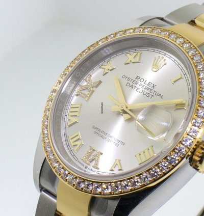 Rolex Datejust 36 36mm Yellow Gold Steel Silver Roman Dial Diamond Bezel 126283rbr