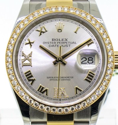 Rolex Datejust 36 36mm Yellow Gold Steel Silver Roman Dial Diamond Bezel 126283rbr
