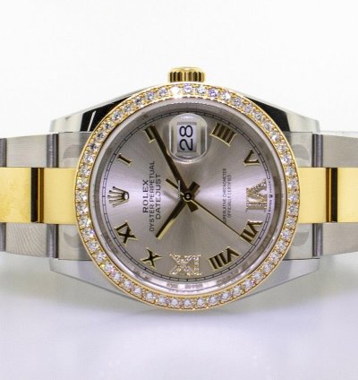 Rolex Datejust 36 36mm Yellow Gold Steel Silver Roman Dial Diamond Bezel 126283rbr