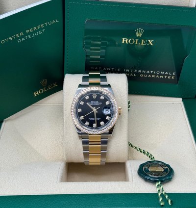 Rolex Datejust 36 New 2023 Black Diamond Dial Diamond Bezel Two Tone Yellow Gold Oyster
