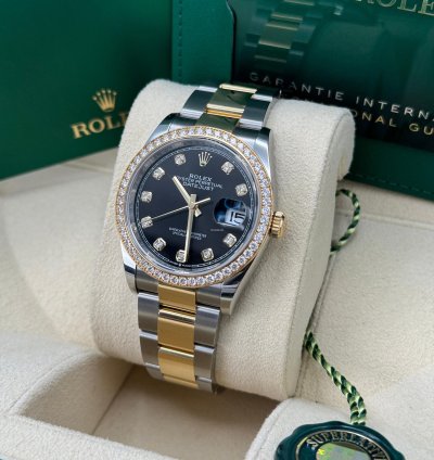 Rolex Datejust 36 New 2023 Black Diamond Dial Diamond Bezel Two Tone Yellow Gold Oyster