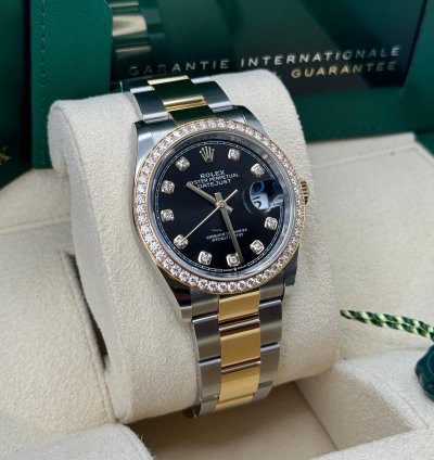 Rolex Datejust 36 New 2023 Black Diamond Dial Diamond Bezel Two Tone Yellow Gold Oyster