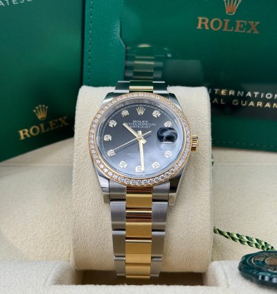 Rolex Datejust 36 New 2023 Black Diamond Dial Diamond Bezel Two Tone Yellow Gold Oyster