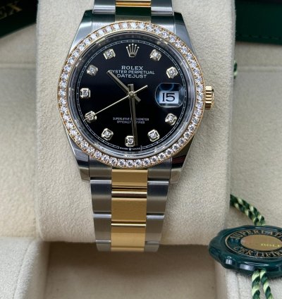 Rolex Datejust 36 New 2023 Black Diamond Dial Diamond Bezel Two Tone Yellow Gold Oyster