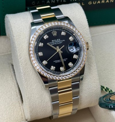 Rolex Datejust 36 New 2023 Black Diamond Dial Diamond Bezel Two Tone Yellow Gold Oyster