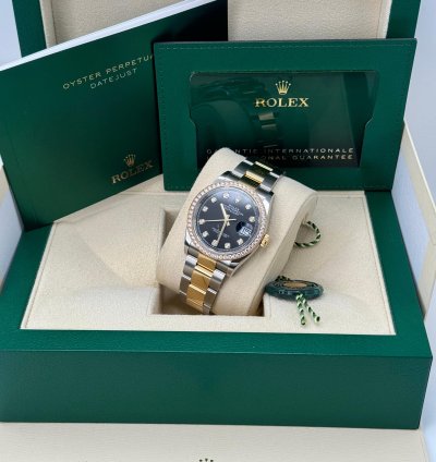 Rolex Datejust 36 New 2023 Black Diamond Dial Diamond Bezel Two Tone Yellow Gold Oyster