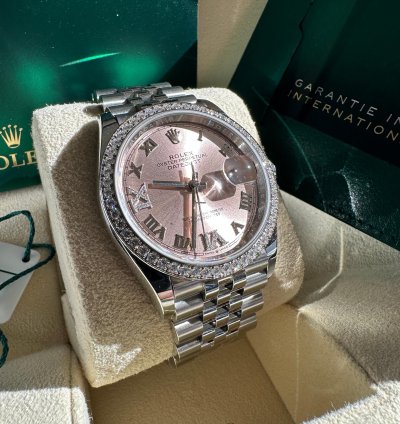 Rolex Datejust 36 New 2023 Diamond Bezel Pink Roman Diamond Dial Jubilee Bracelet Fluted Bezel