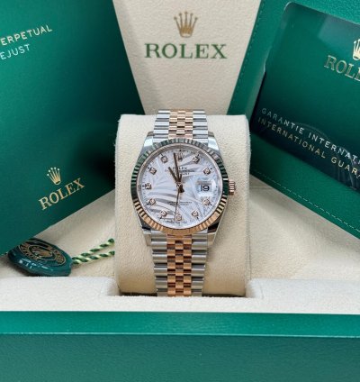 Rolex Datejust 36 New 2023 Silver Palm Motif Diamond Dial Fluted Two Tone Rose Gold Jubilee