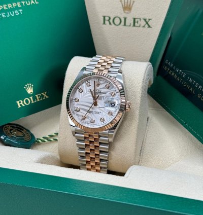 Rolex Datejust 36 New 2023 Silver Palm Motif Diamond Dial Fluted Two Tone Rose Gold Jubilee