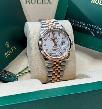 Rolex Datejust 36 New 2023 Silver Palm Motif Diamond Dial Fluted Two Tone Rose Gold Jubilee