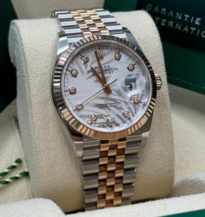 Rolex Datejust 36 New 2023 Silver Palm Motif Diamond Dial Fluted Two Tone Rose Gold Jubilee