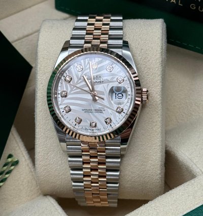 Rolex Datejust 36 New 2023 Silver Palm Motif Diamond Dial Fluted Two Tone Rose Gold Jubilee