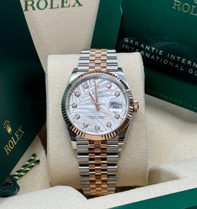 Rolex Datejust 36 New 2023 Silver Palm Motif Diamond Dial Fluted Two Tone Rose Gold Jubilee