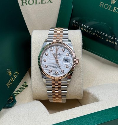 Rolex Datejust 36 New 2023 Silver Palm Motif Diamond Dial Fluted Two Tone Rose Gold Jubilee