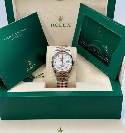Rolex Datejust 36 New 2023 Silver Palm Motif Diamond Dial Fluted Two Tone Rose Gold Jubilee