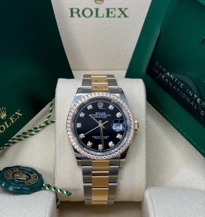 Rolex Datejust 36 New 2024 Black Diamond Dial Diamond Bezel Two Tone Yellow Gold Oyster