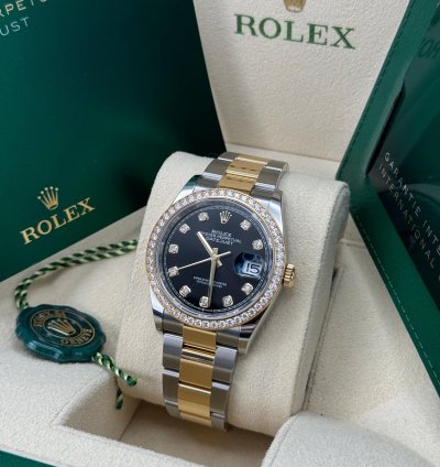 Rolex Datejust 36 New 2024 Black Diamond Dial Diamond Bezel Two Tone Yellow Gold Oyster