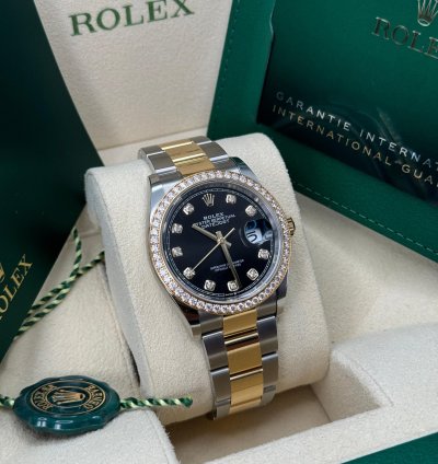 Rolex Datejust 36 New 2024 Black Diamond Dial Diamond Bezel Two Tone Yellow Gold Oyster