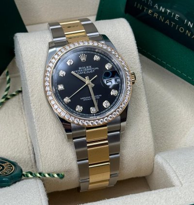 Rolex Datejust 36 New 2024 Black Diamond Dial Diamond Bezel Two Tone Yellow Gold Oyster