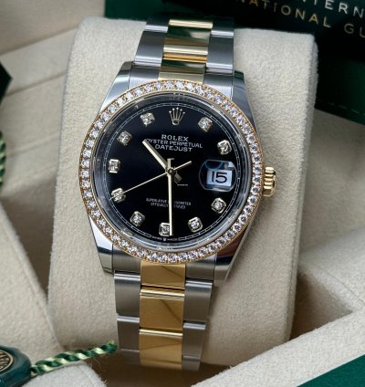 Rolex Datejust 36 New 2024 Black Diamond Dial Diamond Bezel Two Tone Yellow Gold Oyster