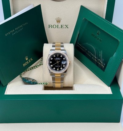Rolex Datejust 36 New 2024 Black Diamond Dial Diamond Bezel Two Tone Yellow Gold Oyster