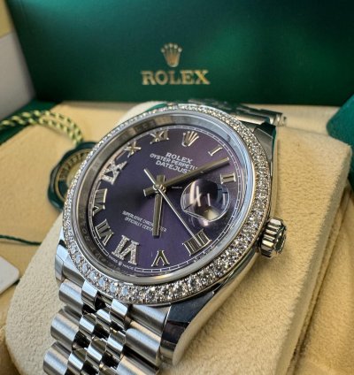 Rolex Datejust 36 New 2024 Purple Pave 6 9 Diamond Dial Stainless Steel Diamond Bezel Jubilee