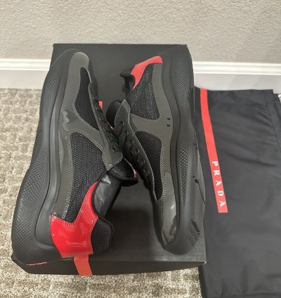 Prada Americas Cup Anthracite Black Red Leather Sneakers