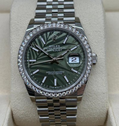 Rolex Datejust 36 Palm Dial - Diamonds Bezel - Ref 126284rbr - New 2023