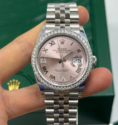 Rolex Datejust 36mm Viix Pink Roman Dial Diamonds Bezel Jubilee