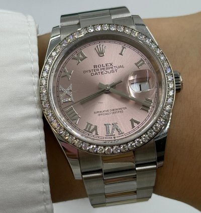 Rolex Datejust 36mm Viix Pink Roman Dial Diamonds Bezel Oyster