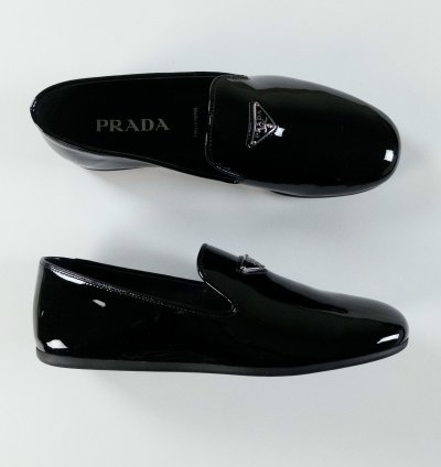Prada Black Patent Leather Triangle Logo Slippers Flat Shoes