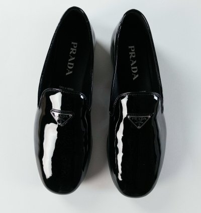 Prada Black Patent Leather Triangle Logo Slippers Flat Shoes