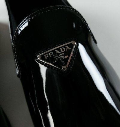 Prada Black Patent Leather Triangle Logo Slippers Flat Shoes