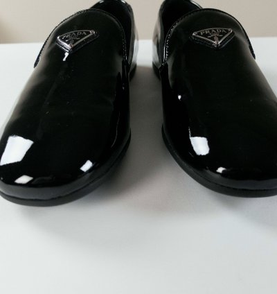 Prada Black Patent Leather Triangle Logo Slippers Flat Shoes