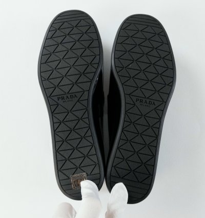 Prada Black Patent Leather Triangle Logo Slippers Flat Shoes