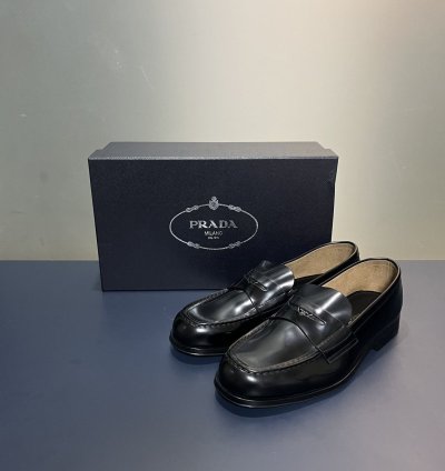 Prada Black Shiny Leather Penny Loafers